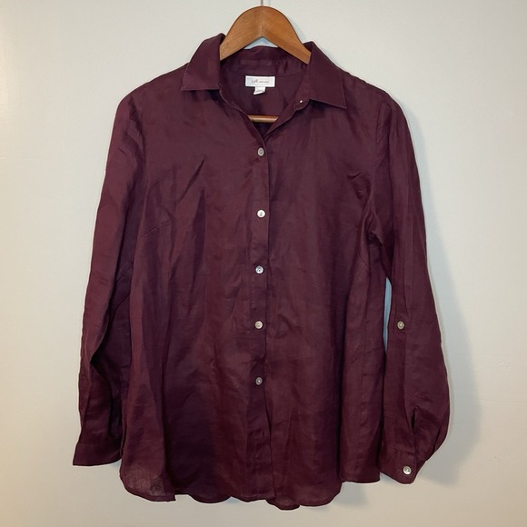 J. Jill XS Blouse Top 100% Love Linen Button Up Long Sleeve Tan Maroon - Picture 2 of 7